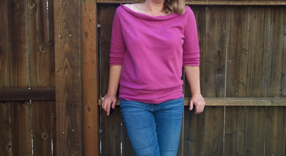 Halfmoon Atelier Boatneck Anegada top sewn in purple cotton interlock.