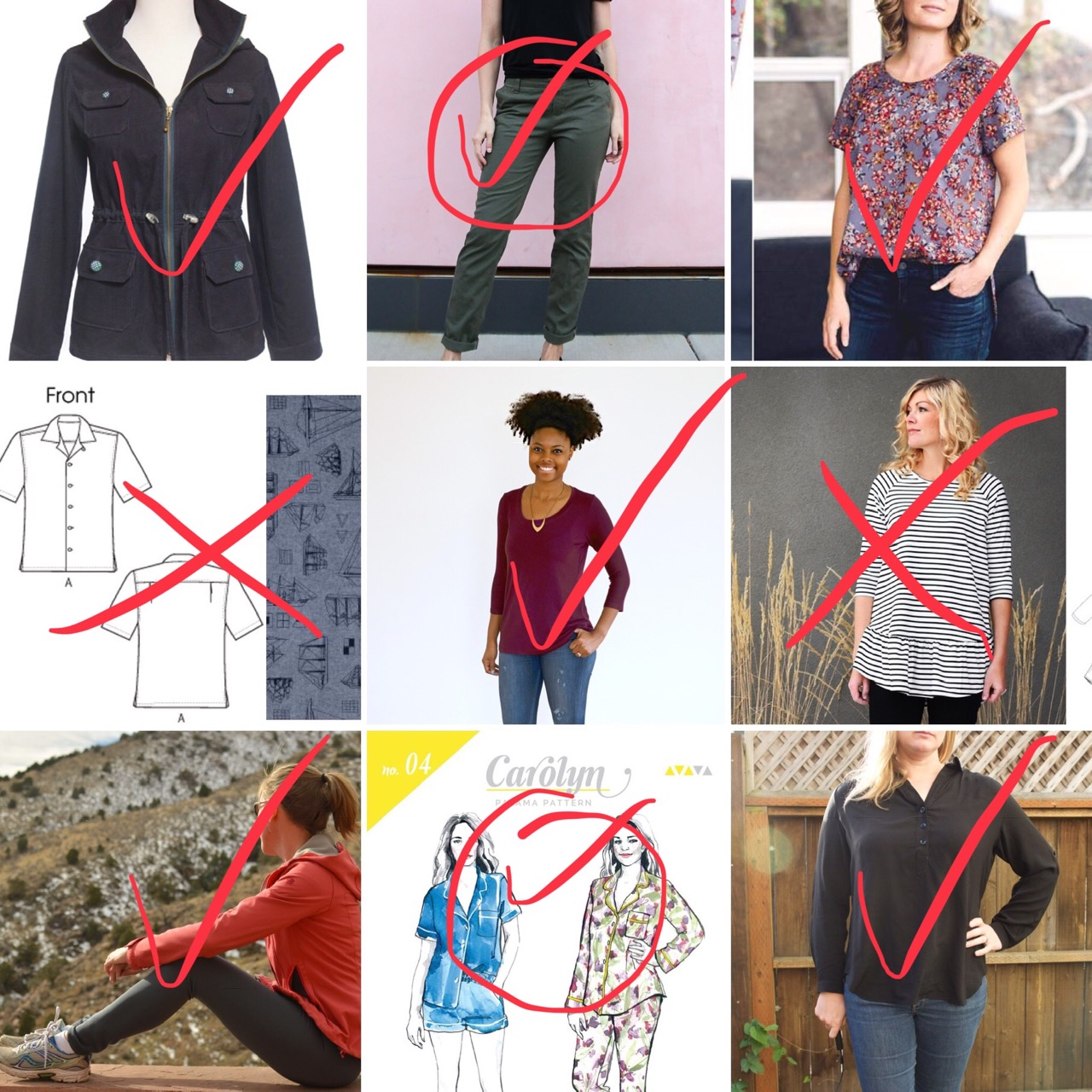 9 patterns I hoped to make in 2018 with checks on the ones I completed and "X" on the ones I didn't make.