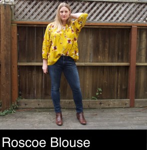 Roscoe blouse pattern by True Bias sewn in yellow rayon challis with large scale floral print.